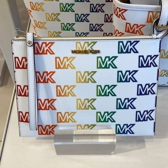 Michael kors XL zip clutch wristlet optic white multi Rainbow - Picture 3 of 8